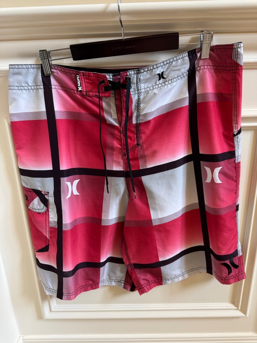 Hurley Men’s Red and Grey Plaid Board Shorts